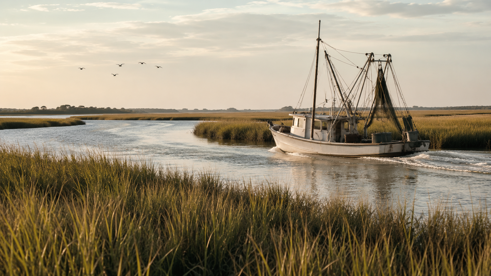 Shrimp boat winding through a Northwest Florida coastal marsh